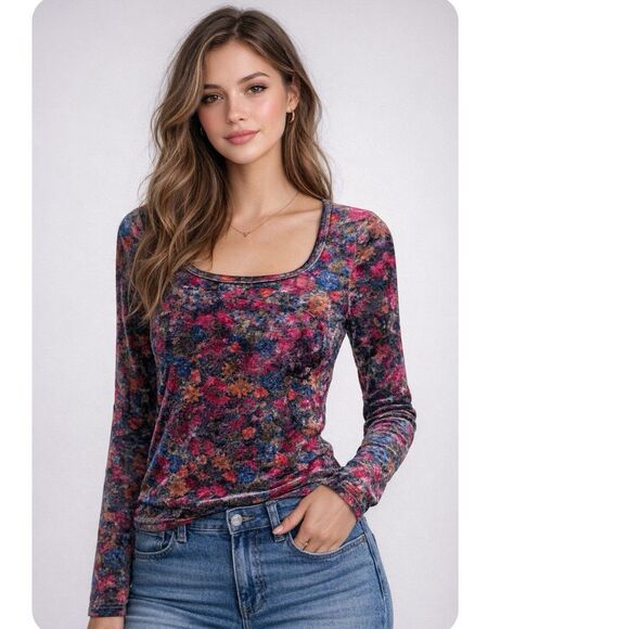 NATURAL LIFE Tops - Natural Life Velvet Top Womens S Multicolor Floral Boho Whimsigoth Square Neck